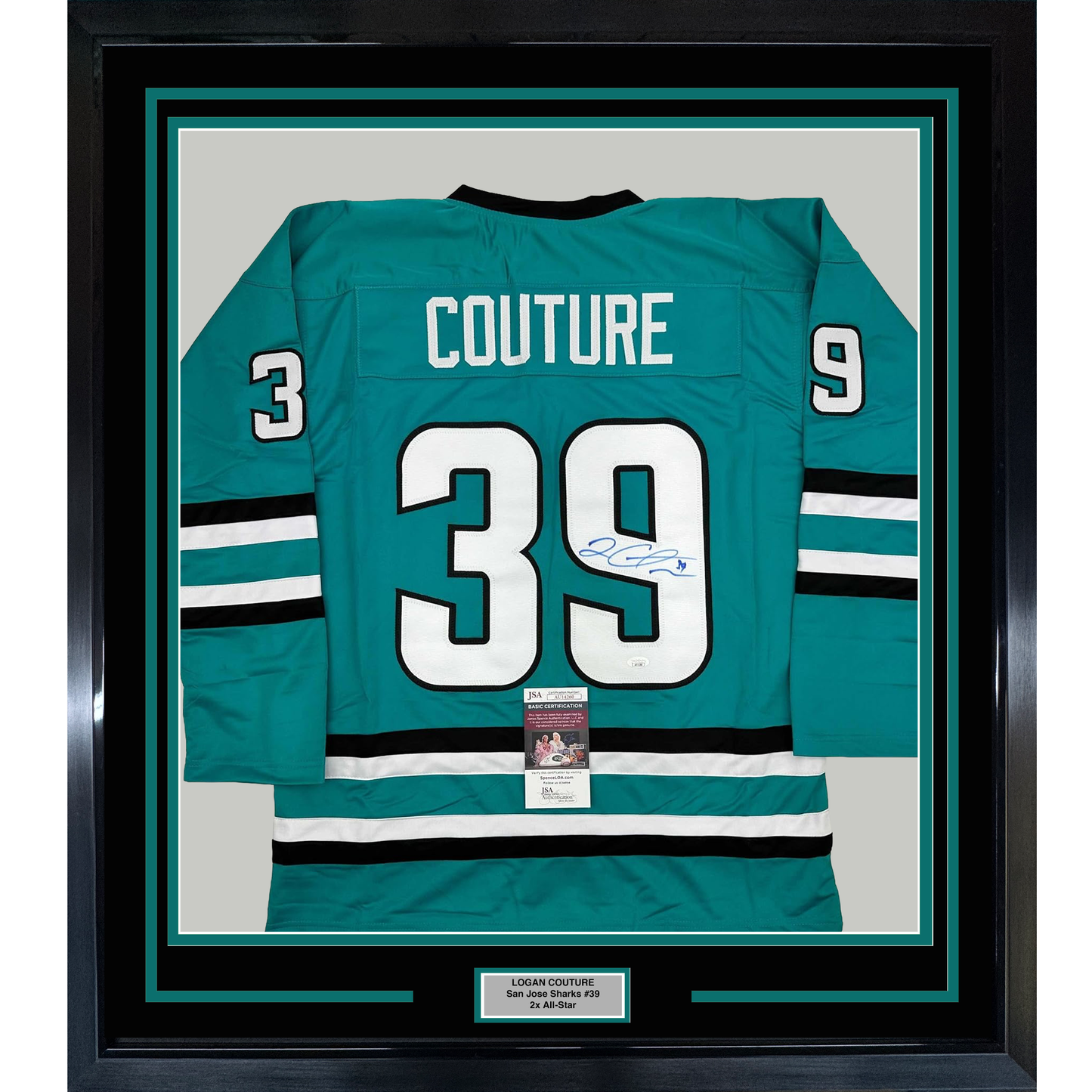 Framed rear view of teal San Jose Sharks jersey number 39 with "COUTURE" nameplate and signature, mounted in black frame with authentication label.