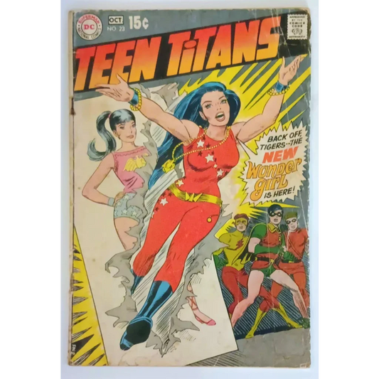 1970s Teen Titans comic cover Issue 23 with Wonder Girl red white star costume debut