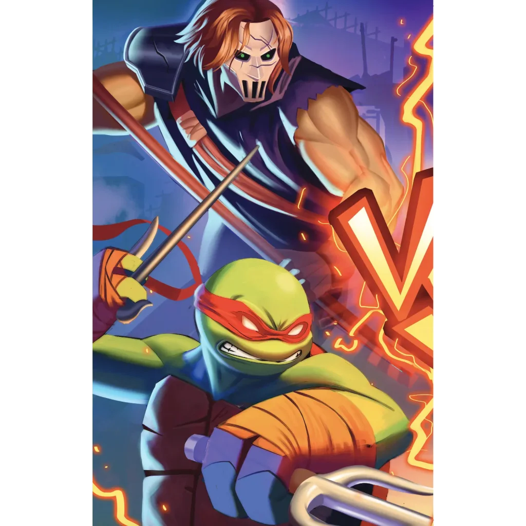 Teenage mutant ninja turtle with red mask and orange bandana wielding nunchaku in dynamic battle stance on comic cover