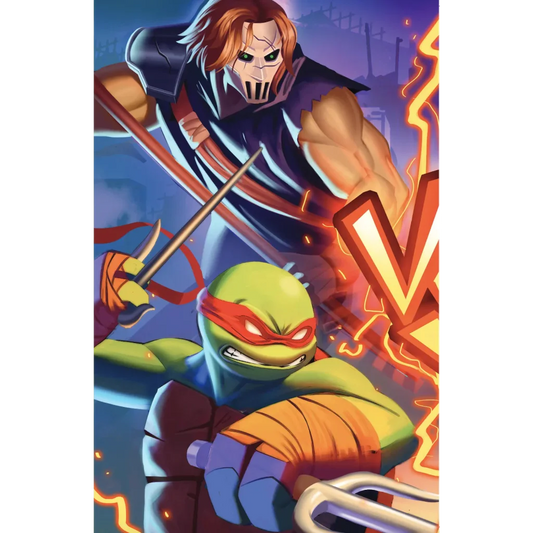 Teenage mutant ninja turtle with red mask and orange bandana wielding nunchaku in dynamic battle stance on comic cover