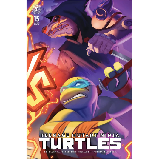 Teenage mutant ninja turtles #15 comic book cover with blue and yellow gear turtle against fiery orange purple background