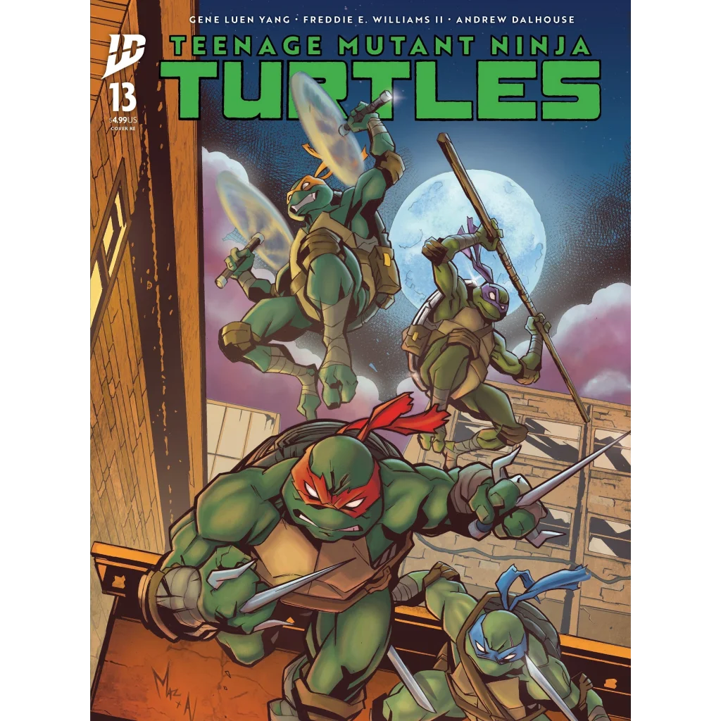 Green Teenage Mutant Ninja Turtle with red mask, brown shell, dual sais