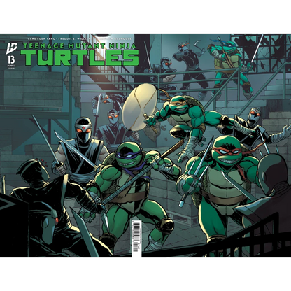 Teenage Mutant Ninja Turtles in green armor combat poses with weapons from Gene Luen Yang Epic Comic Collection