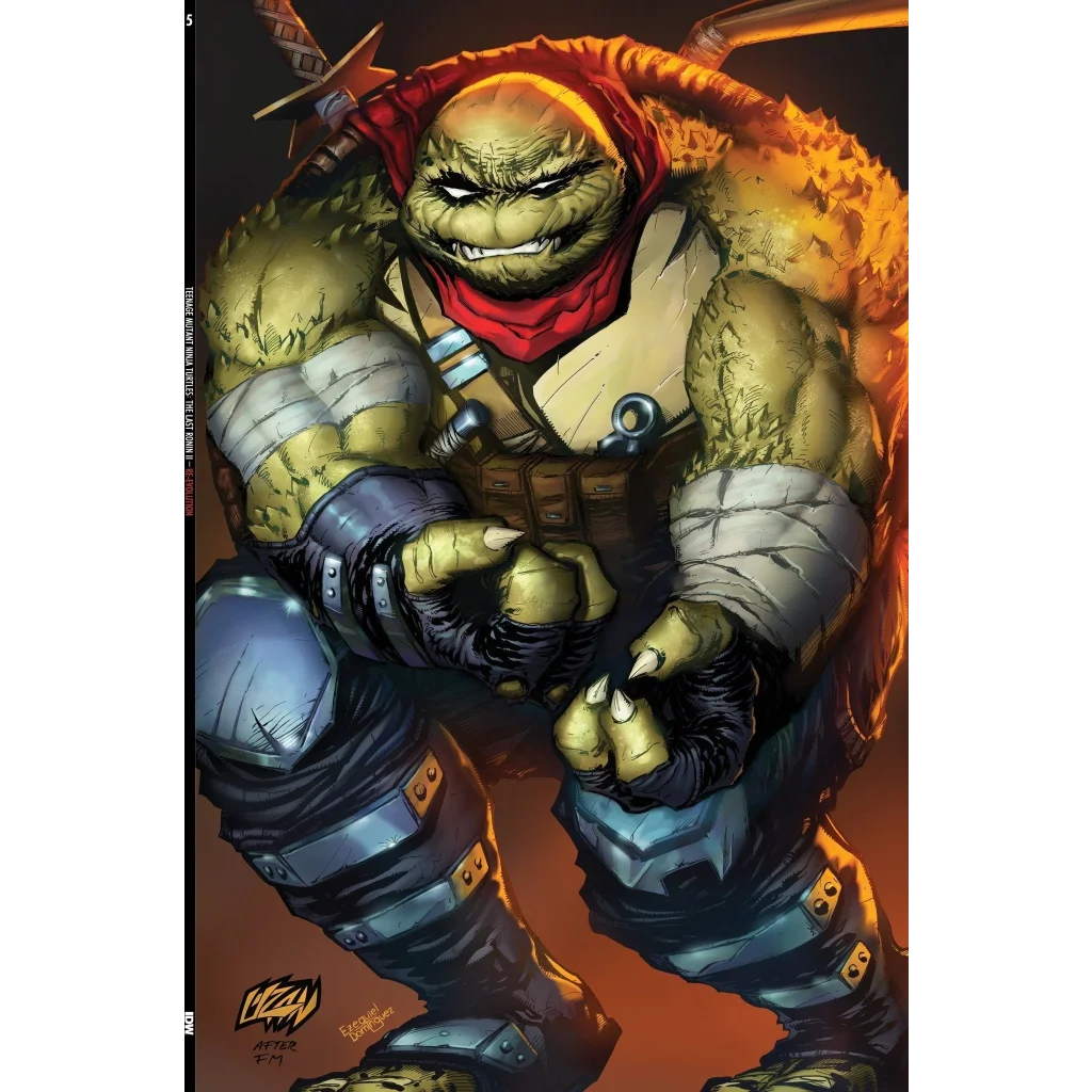 Image of Teenage Mutant Ninja Turtles hero with green skin, red bandana, and sword