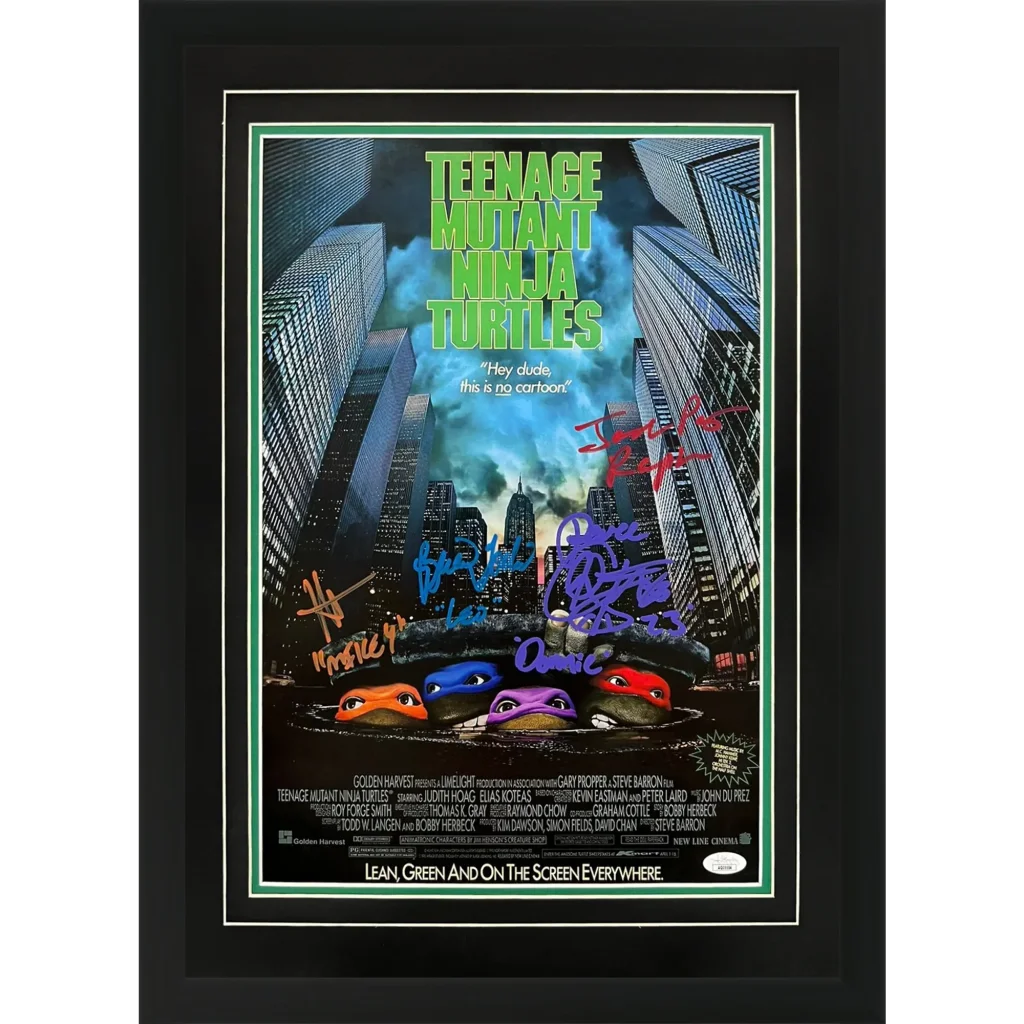 Deluxe framed teenage mutant ninja turtles movie poster 12x18 with four cast autographs in black frame certified by JSA
