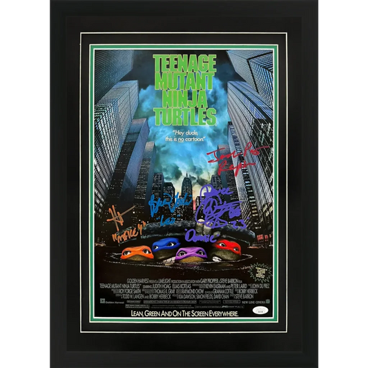 Deluxe framed teenage mutant ninja turtles movie poster 12x18 with four cast autographs in black frame certified by JSA