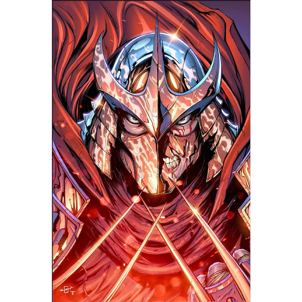 Menacing comic book Shredder with exposed face and tattered red cape for epic revenge