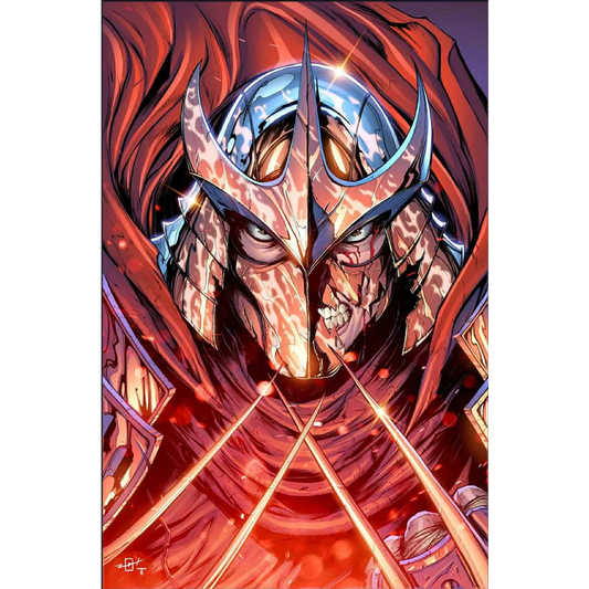 Menacing comic book Shredder with exposed face and tattered red cape for epic revenge