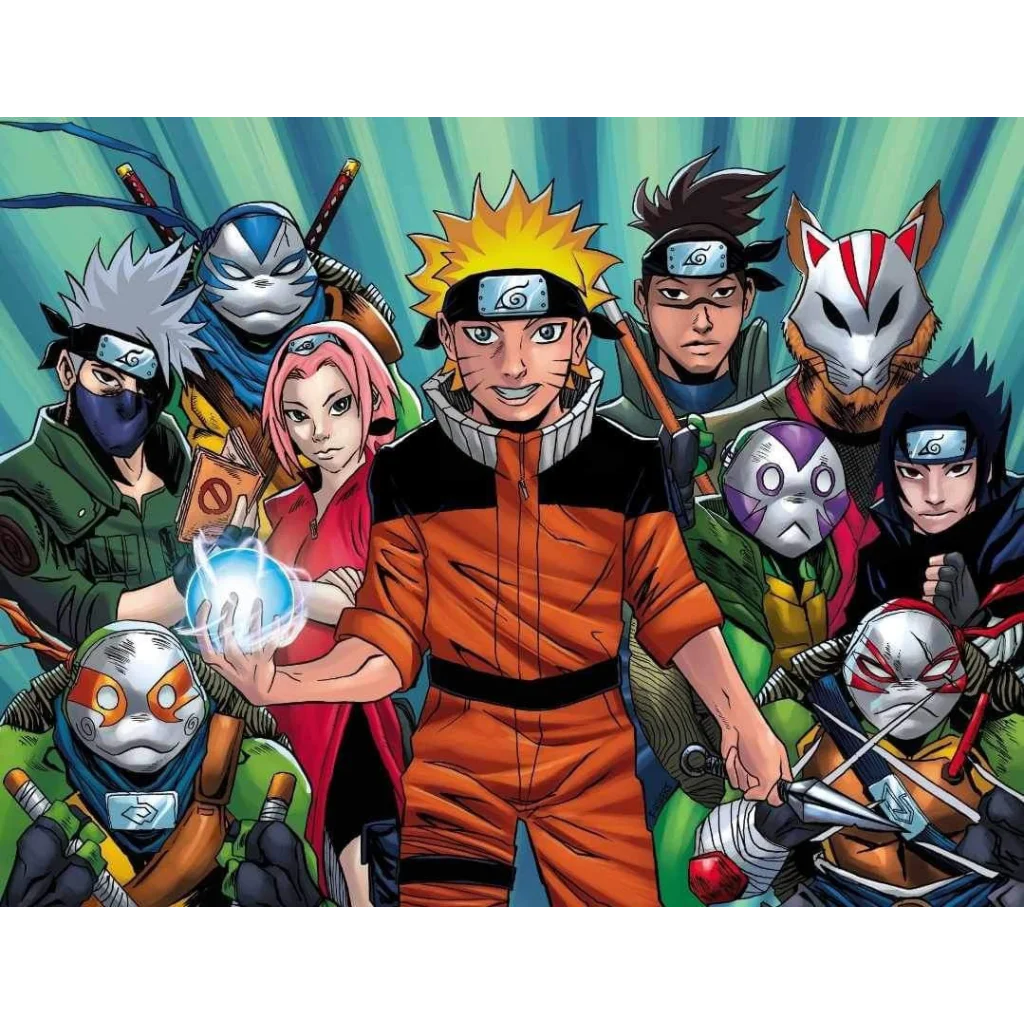 Diverse anime and comic characters with Teenage Mutant Ninja Turtles storming the Hidden Leaf Village