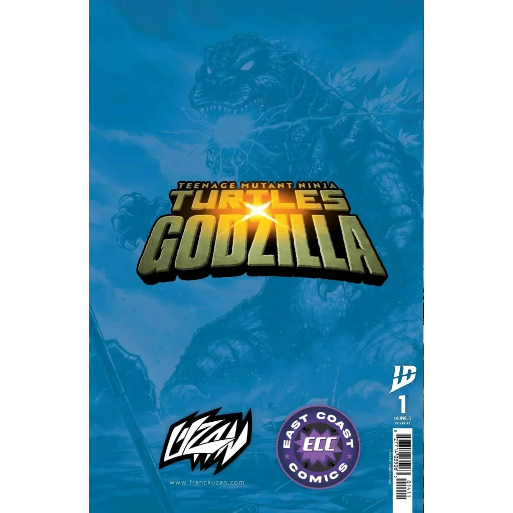 Teenage mutant ninja turtles x godzilla #1 comic cover with bold gold black lettering and blue tinted giant monster illustration