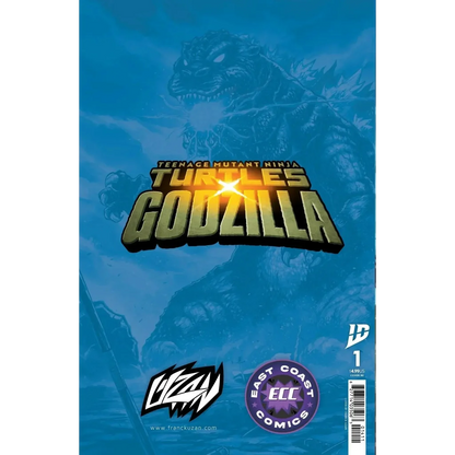 Teenage mutant ninja turtles x godzilla #1 comic cover with bold gold black lettering and blue tinted giant monster illustration