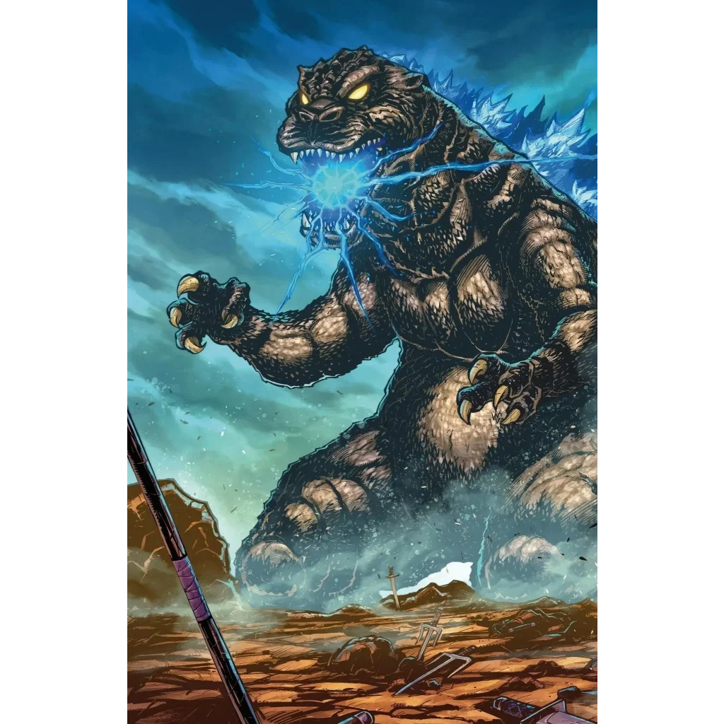 A teenage mutant ninja turtles x godzilla #1 comic variant featuring a towering dark gray godzilla with glowing yellow eyes and blue energy