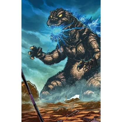 A teenage mutant ninja turtles x godzilla #1 comic variant featuring a towering dark gray godzilla with glowing yellow eyes and blue energy
