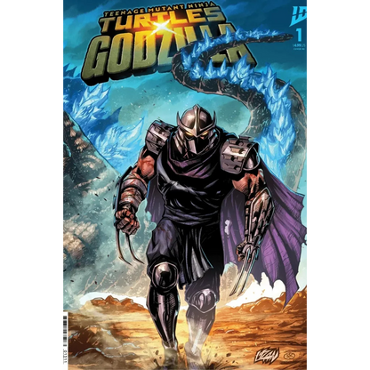 A menacing armored ninja warrior in black and purple with clawed gauntlets stands before a colossal blue godzilla on teenage mutant ninja turtles x godzilla #1 ecc franck uzan variant right side wrap-around cover