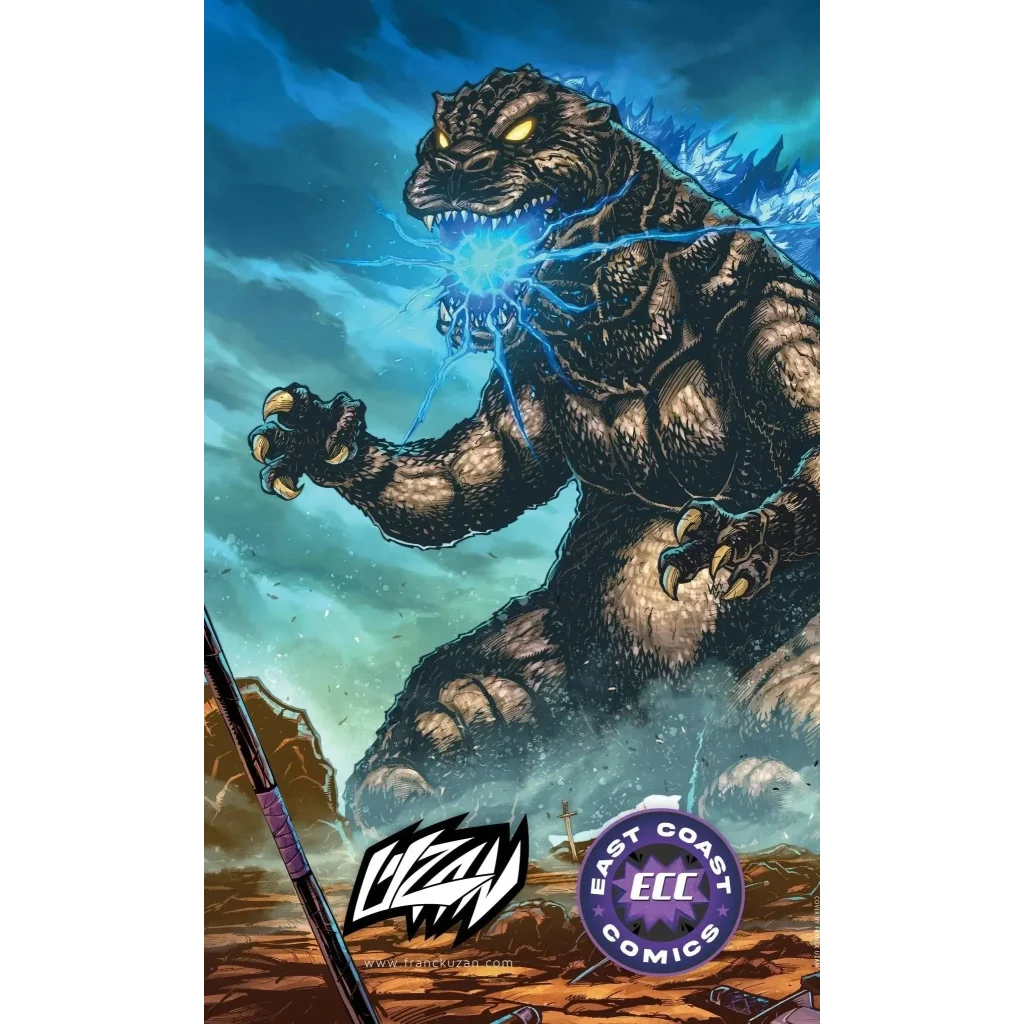 Teenage mutant ninja turtles x godzilla #1 ecc franck uzan variant featuring menacing dark gray godzilla with glowing eyes and blue energy beams
