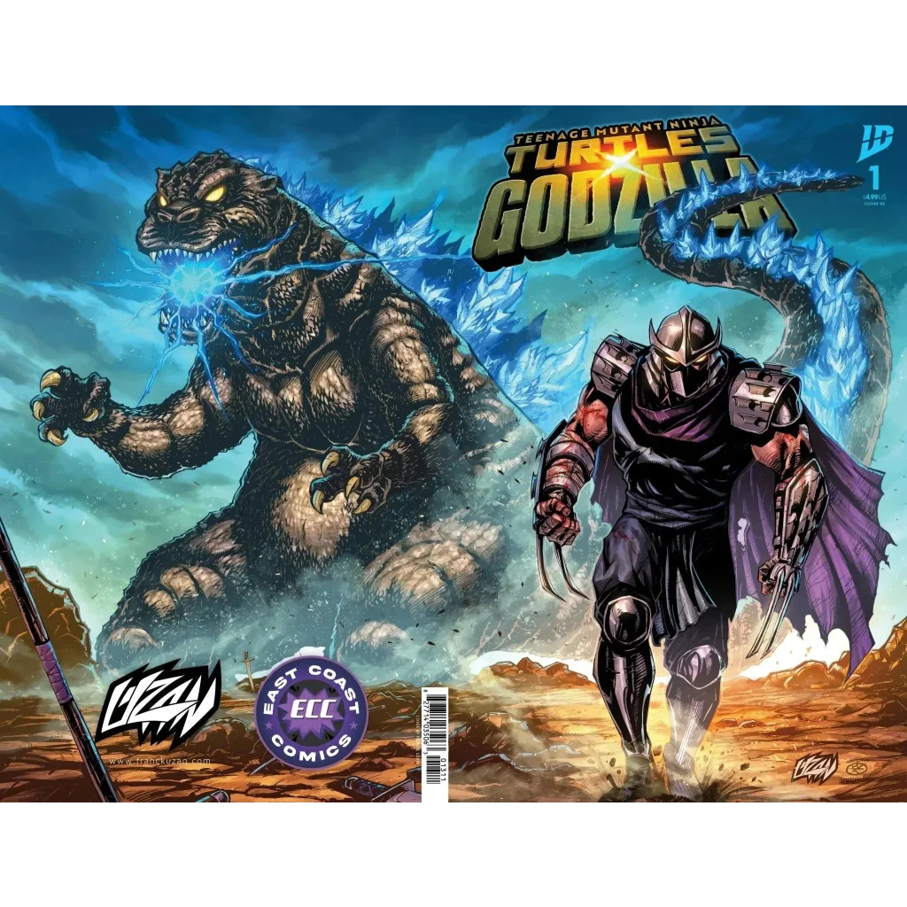 A dark armored ninja with purple cape faces massive godzilla on the teenage mutant ninja turtles x godzilla comic wrap-around cover