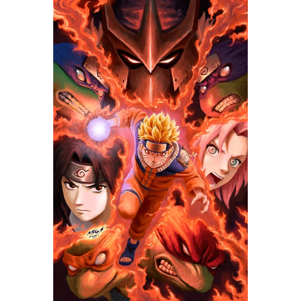 Epic Teenage Mutant Ninja Turtles vs Naruto crossover art with fiery anime energy