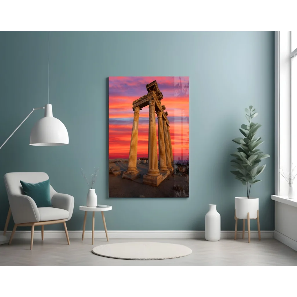 Ancient Columns Sunset Glass Wall Art Print | Contemporary Home Wall Art | vintageantiquesgifts.com