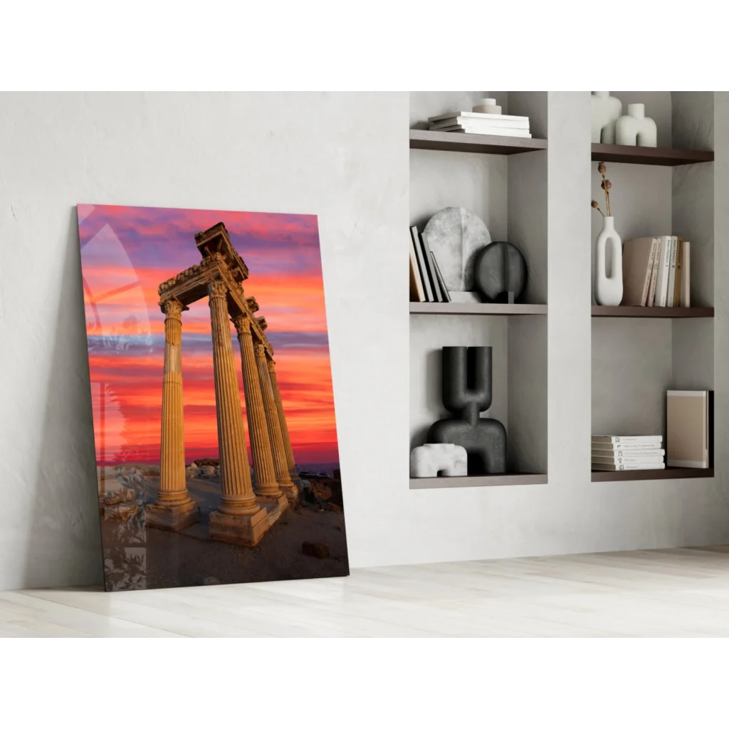 Vibrant ancient golden columns in sunset glass wall art print