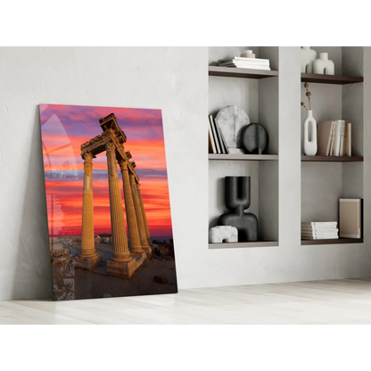 Vibrant ancient golden columns in sunset glass wall art print