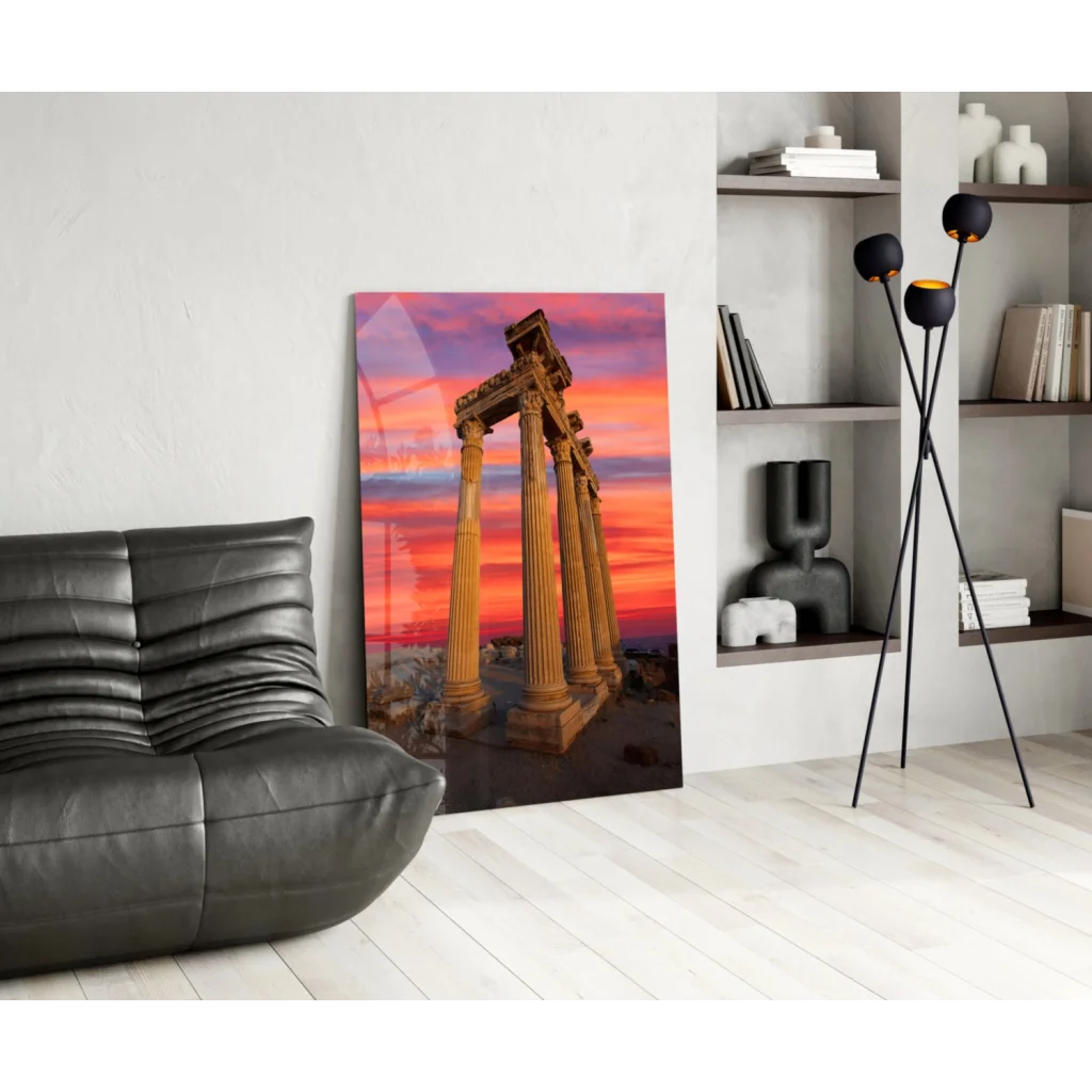 Vibrant sunset glass wall art with ancient columns in orange-pink-purple sky
