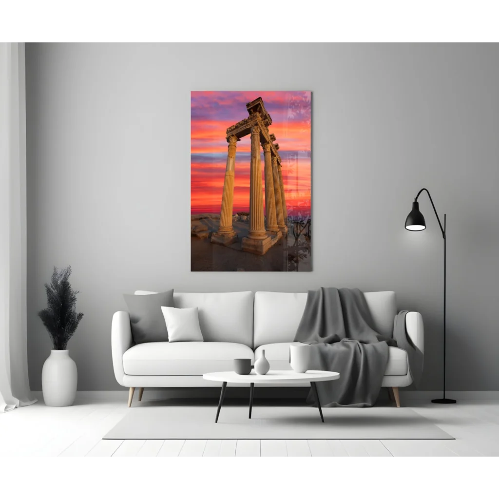 Ancient Columns Sunset Glass Wall Art Print | Modern Wall Art Decor | vintageantiquesgifts.com