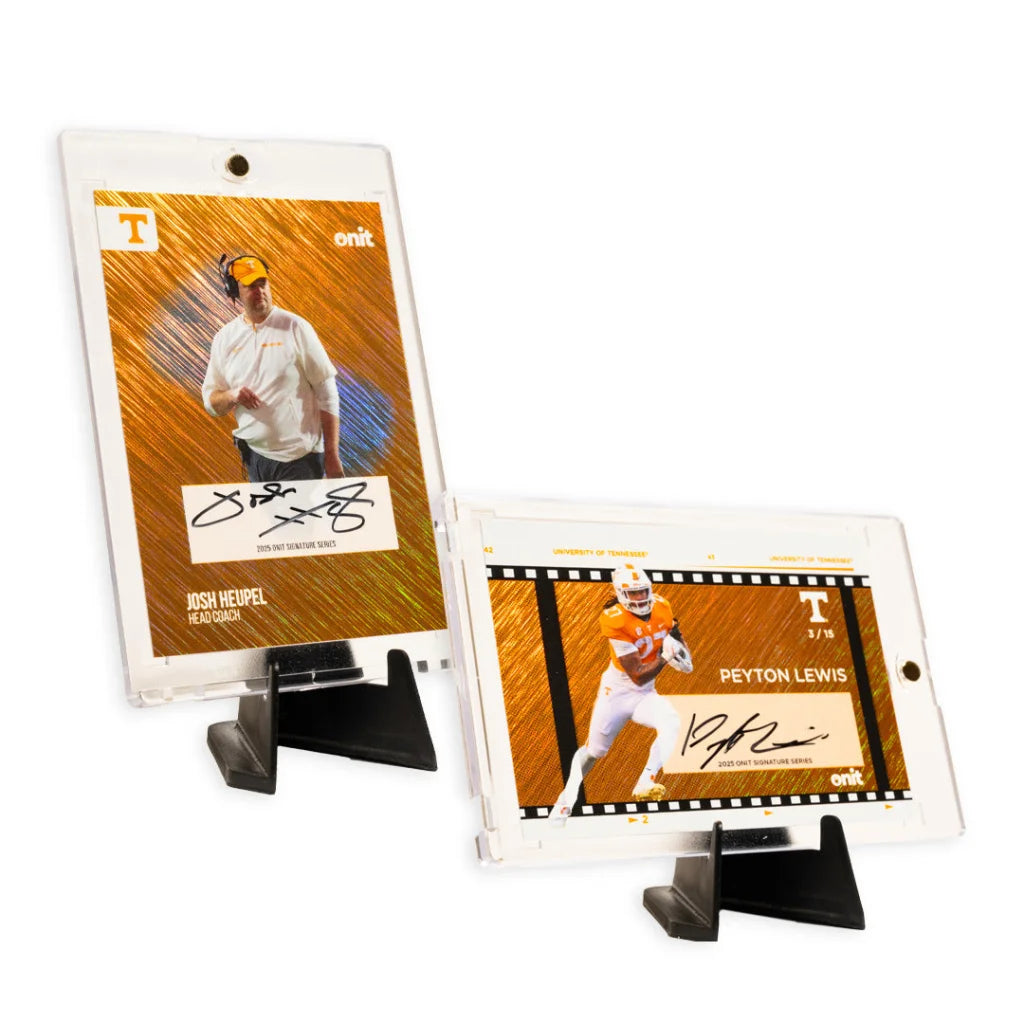 Two clear acrylic stands with Tennessee Football Trading Cards Prime Box autographs