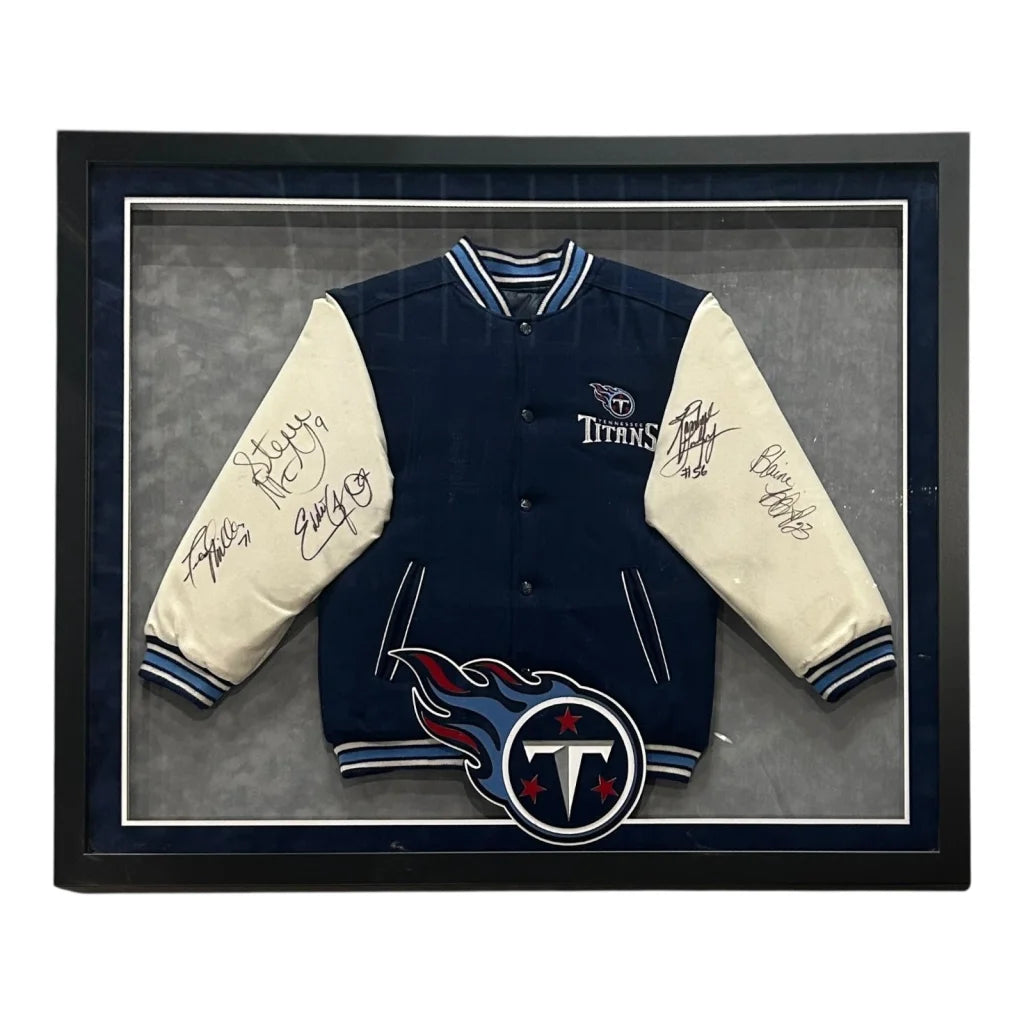 Framed Tennessee Titans deluxe varsity jacket in navy and cream