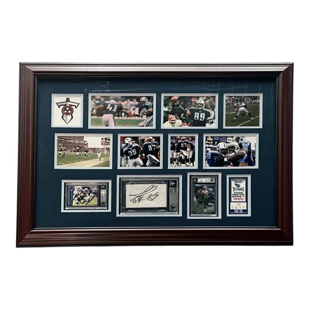 Deluxe framed Tennessee Titans Kevin Dyson autographed display with dark wood frame and navy blue matting