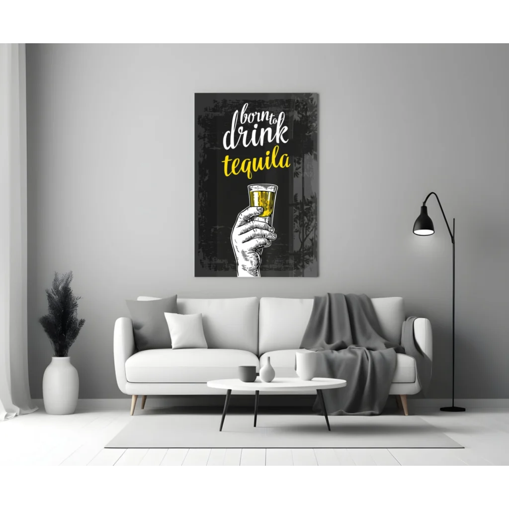 Black and yellow born to drink tequila glass wall art with stylized hand holding golden liquid