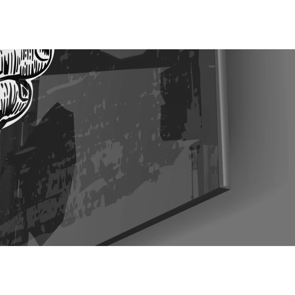 Stylized black and white skull graphic on glass wall art print
