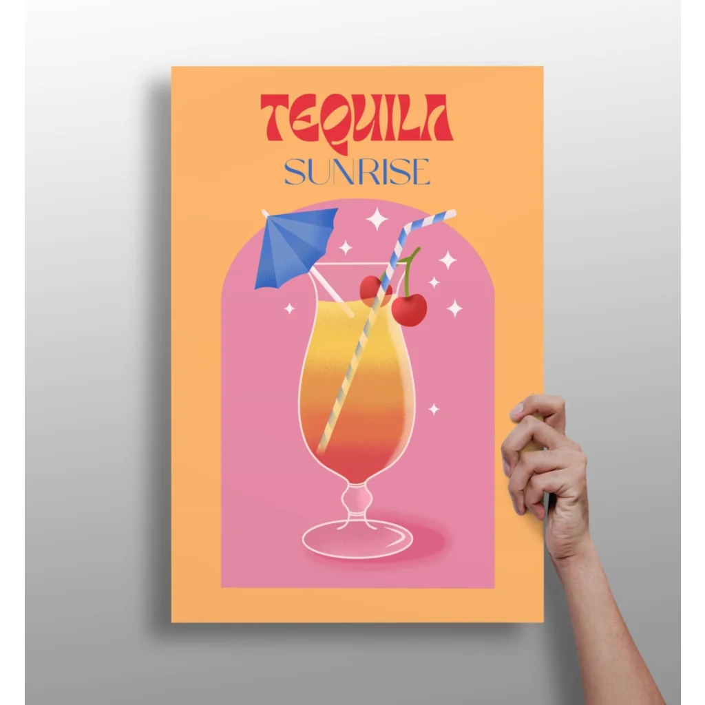 Vibrant Tequila Sunrise cocktail aluminum wall art print with orange pink layers and cherry garnish