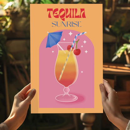 Vibrant Tequila Sunrise cocktail poster in orange pink hues with umbrella and cherry