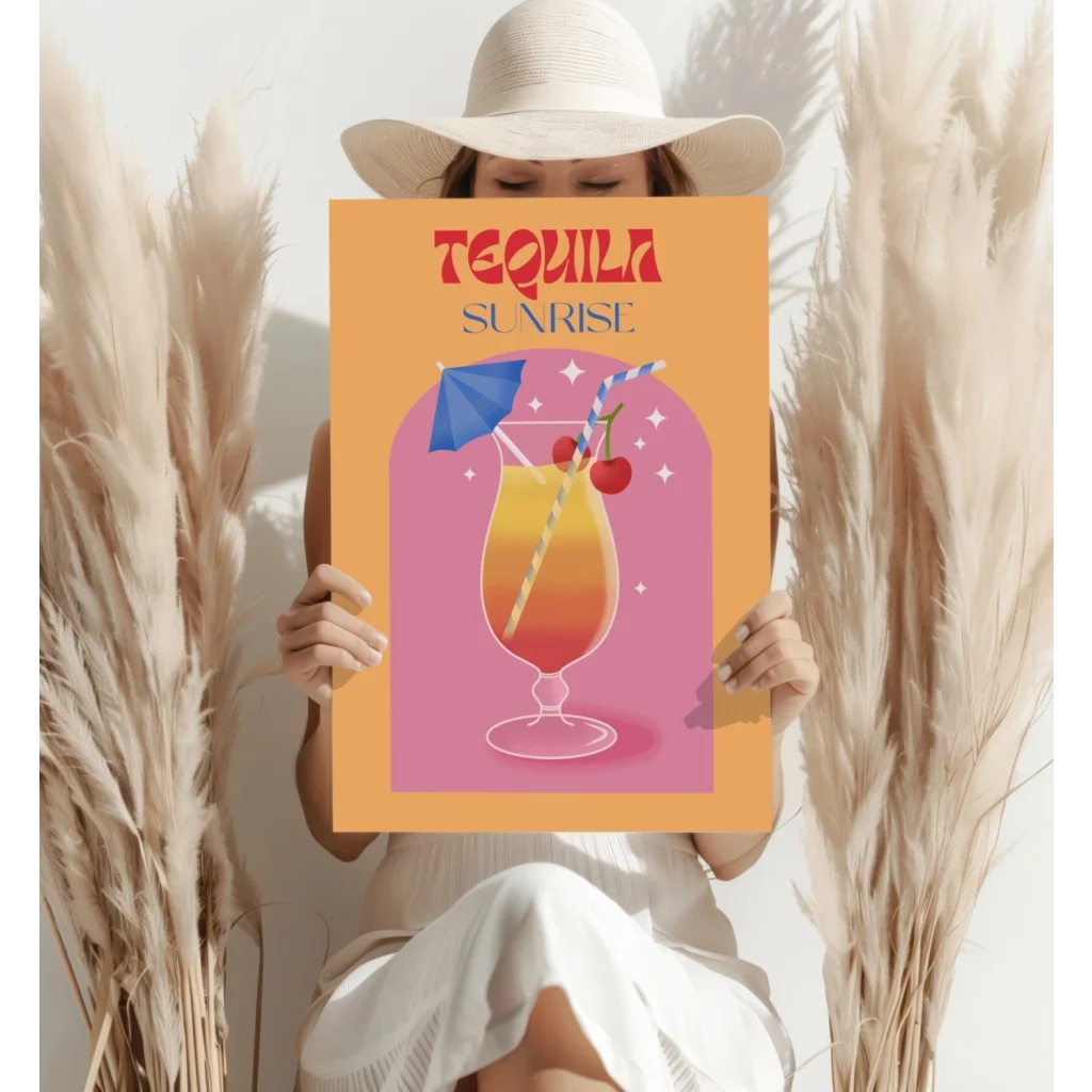 Vibrant Tequila Sunrise cocktail poster on aluminum wall art print