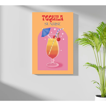 Vibrant Tequila Sunrise cocktail aluminum wall art print with orange pink gradient, umbrella, cherry
