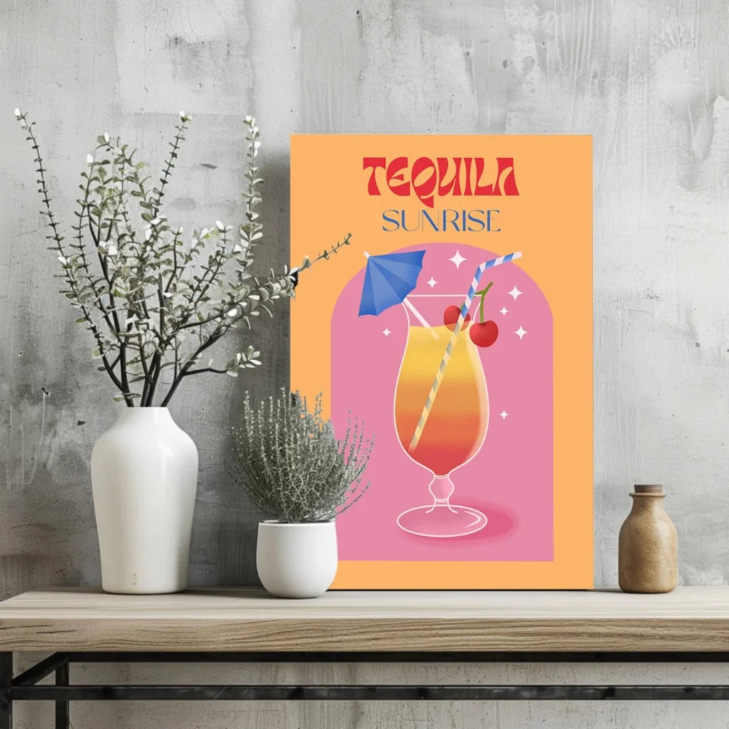 Vibrant Tequila Sunrise cocktail poster on aluminum print with orange-pink gradient and cherry garnish