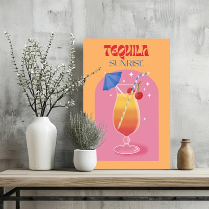 Vibrant Tequila Sunrise cocktail poster on aluminum print with orange-pink gradient and cherry garnish