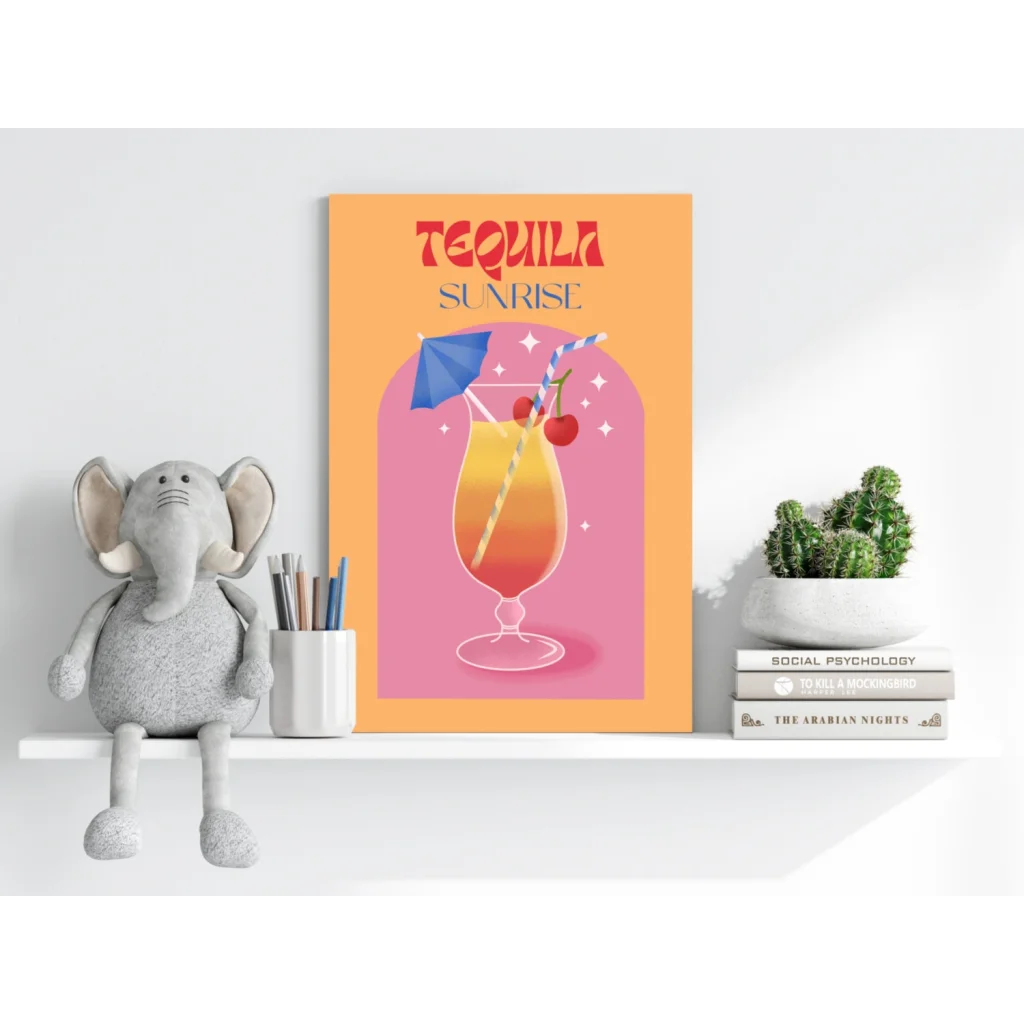Vibrant Tequila Sunrise cocktail poster in orange pink hues with umbrella garnish on aluminum wall art