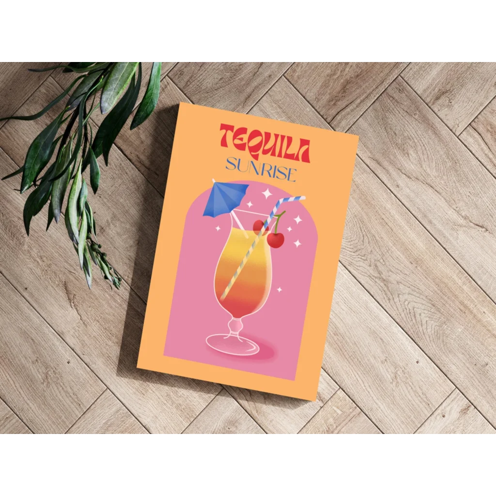 Vibrant Tequila Sunrise cocktail aluminum wall art print with orange-pink gradient, cherry, umbrella, and stars on wood