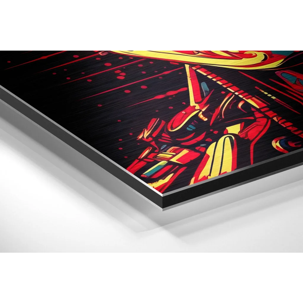 Glass Wall Art Vibrant robot graffiti art on brushed aluminium dibond panel