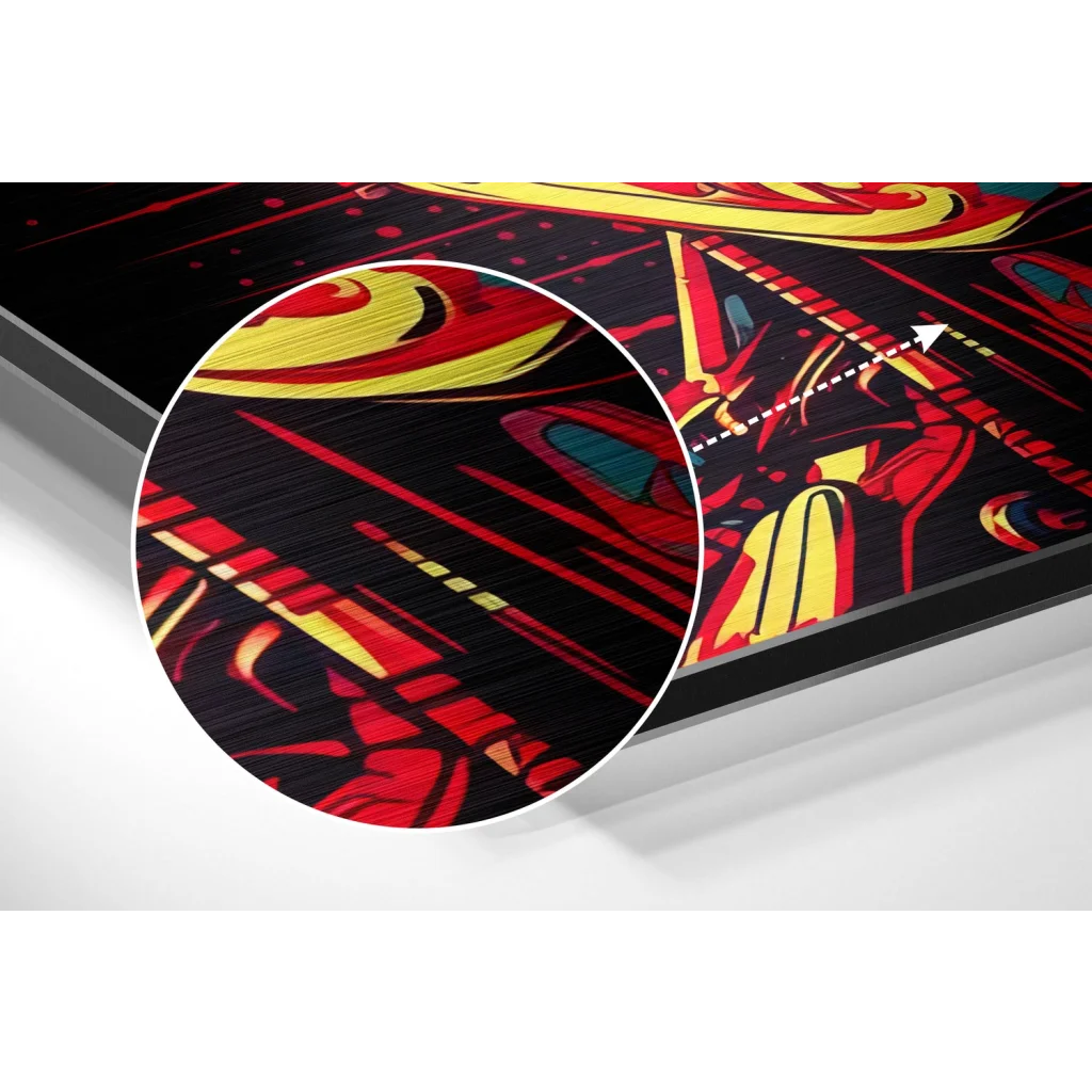 Vibrant red and yellow robot graffiti art on brushed aluminium dibond panel