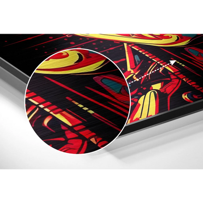 Vibrant red and yellow robot graffiti art on brushed aluminium dibond panel