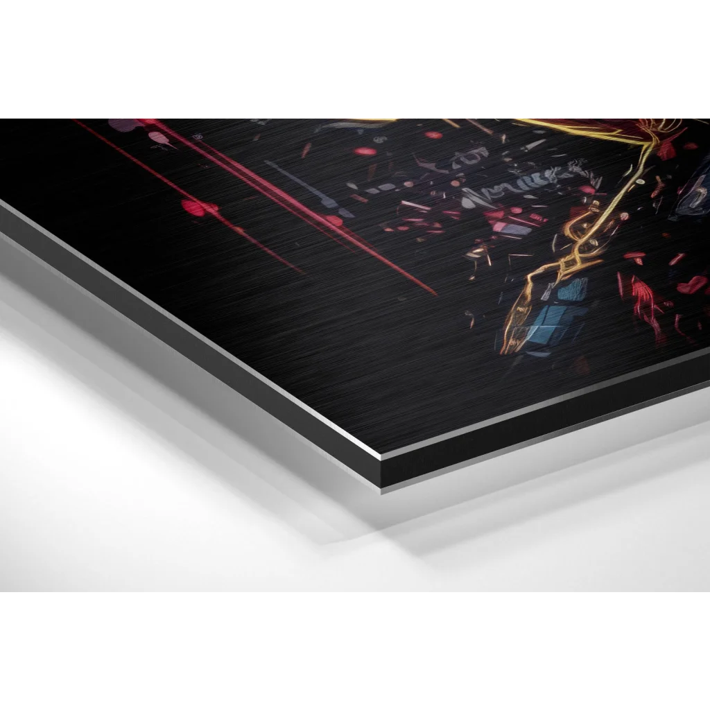 Stunning brushed aluminium dibond print with vibrant pink, gold, and blue abstract splatters on glossy surface