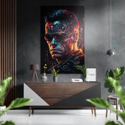 Vibrant cybernetic terminator portrait on brushed aluminium dibond print