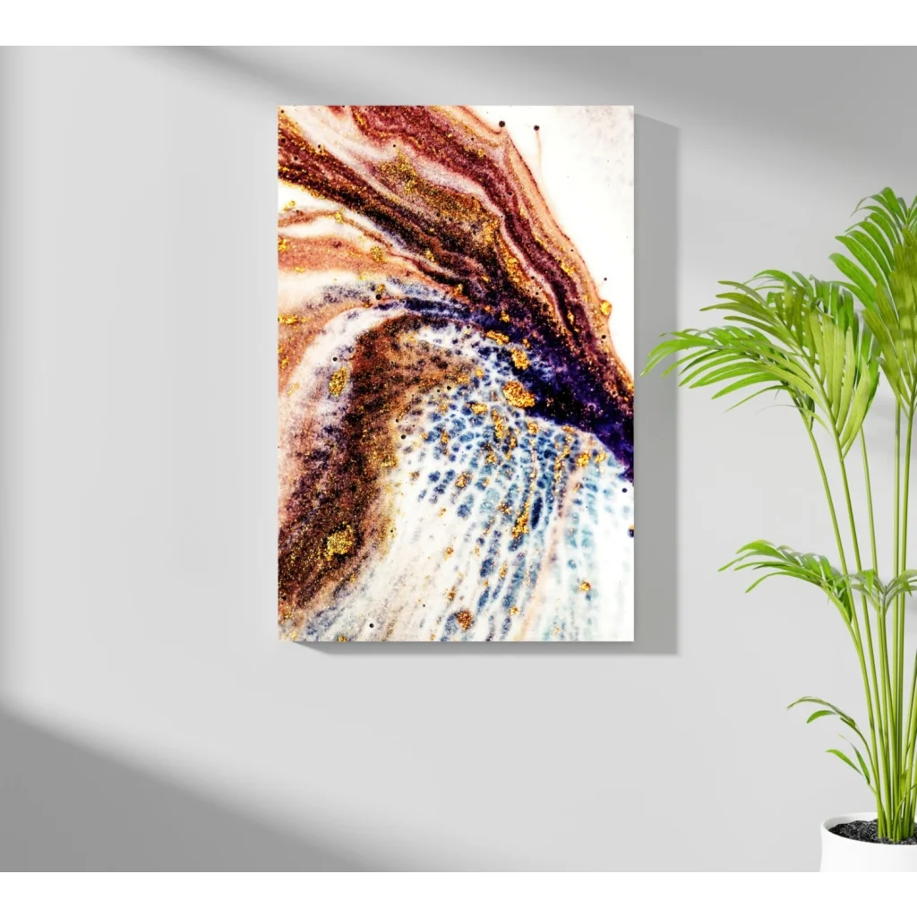 Stunning swirling gold purple insigne aluminum print with abstract fluid art in brown, white, and purple