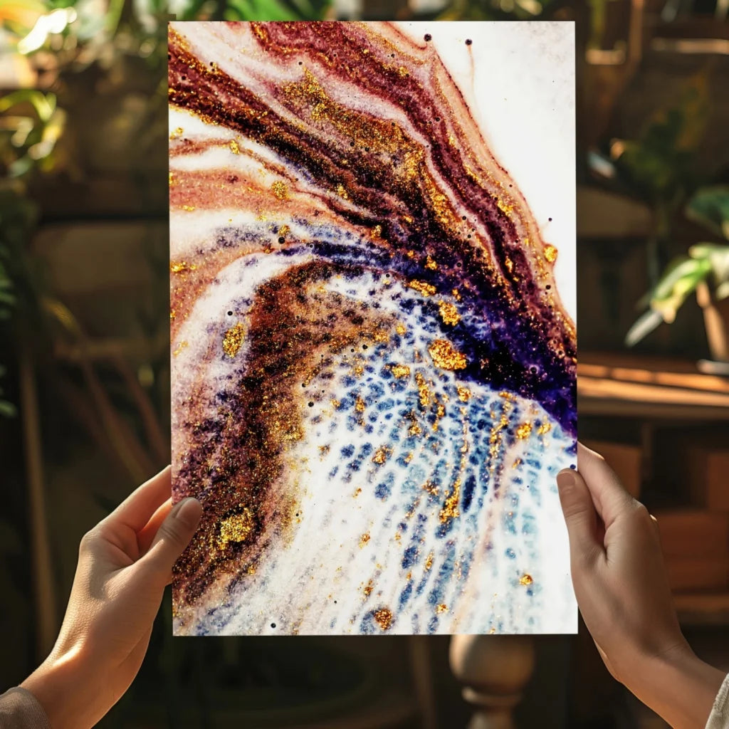 Vibrant swirling gold purple insigne aluminum print with white, purple, brown swirls