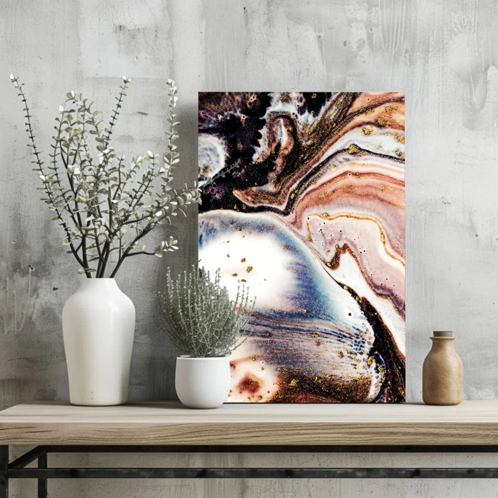 Stunning marbled insigne aluminum prints with pink brown black white swirls and gold flecks