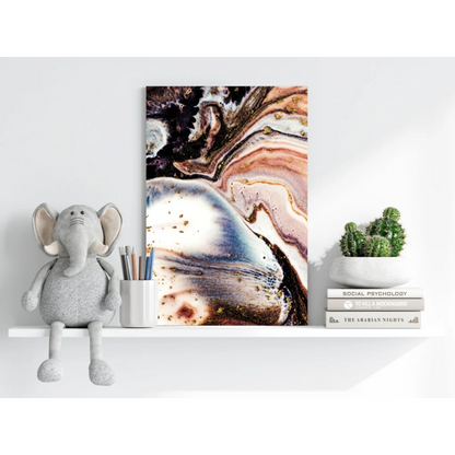 Stunning insigne aluminum prints with swirling marbled patterns in black, white, gold, and pink