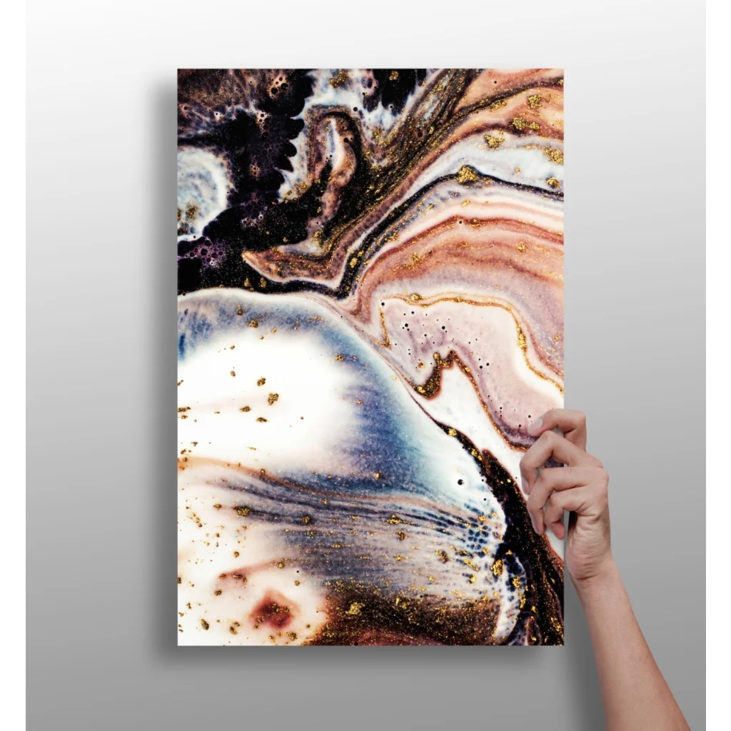 Abstract insigne aluminum prints with swirling black, white, pink, blue and gold glitter