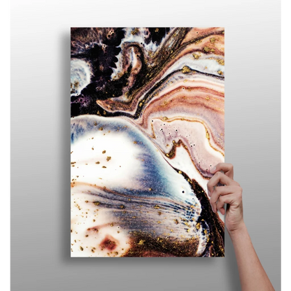 Abstract insigne aluminum prints with swirling black, white, pink, blue and gold glitter
